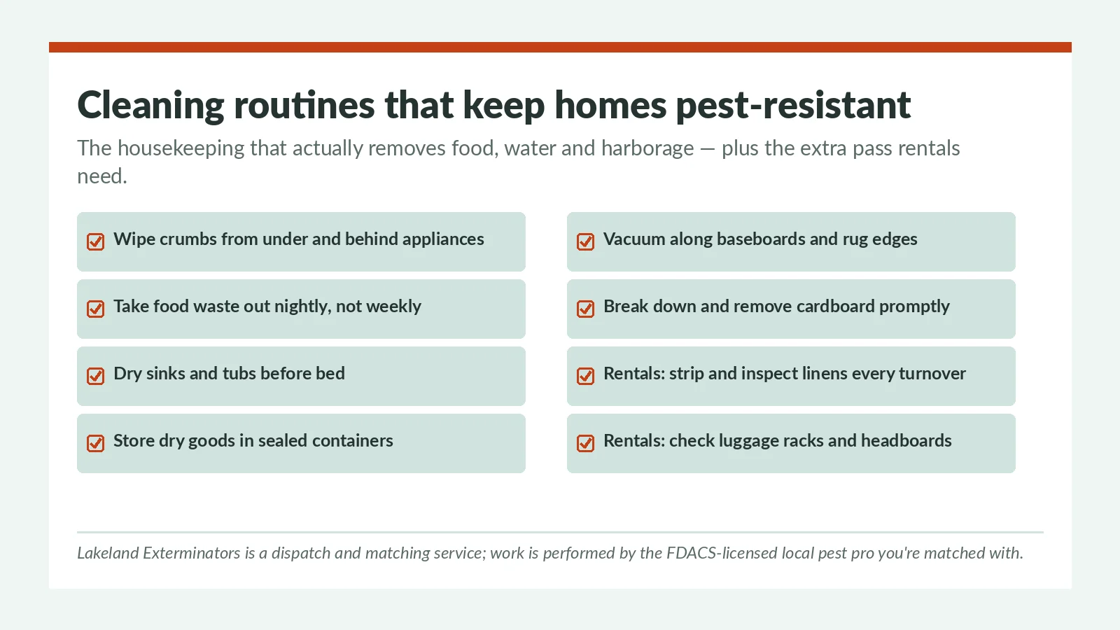Pest-resistant cleaning routine checklist for Lakeland FL homes and short-term rentals — removing food, water and harborage plus the turnover inspection pass, ahead of the licensed local pest pro you're matched with