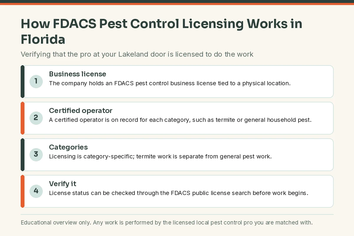 Four-step graphic explaining how FDACS pest control licensing works for pros serving Lakeland FL