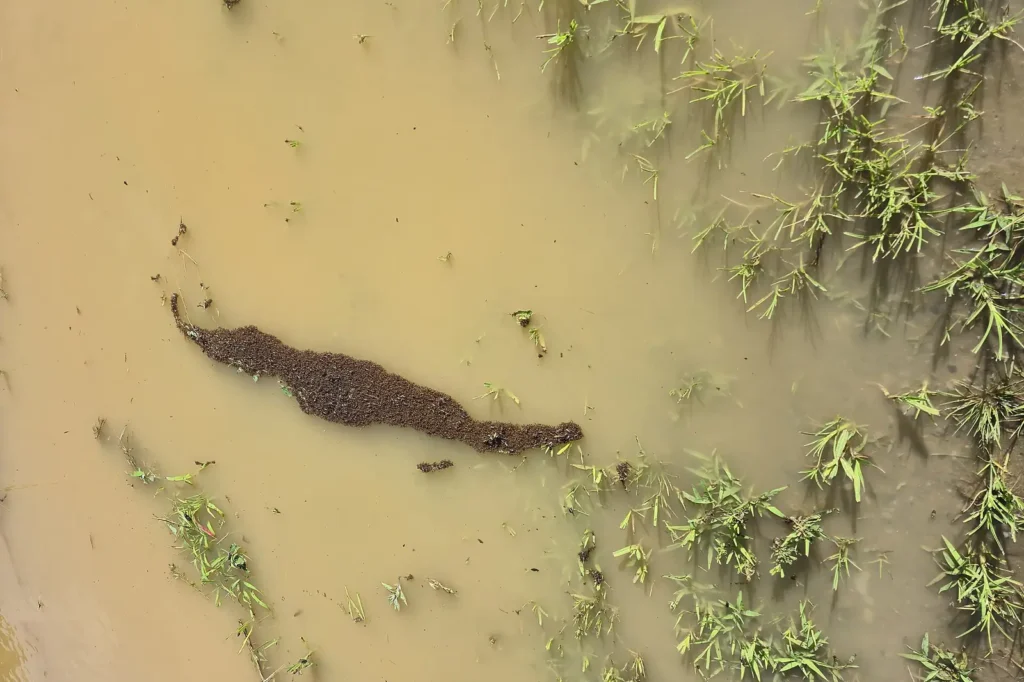 Fire ant colony rafting on floodwater — the survival behavior that spreads colonies across Haines City FL yards after heavy rain