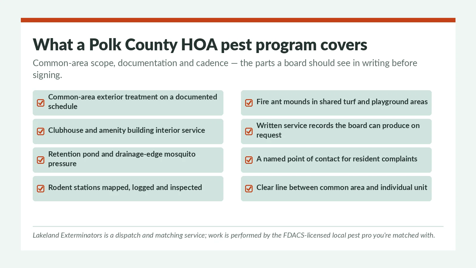 Polk County FL HOA pest control program scope checklist — common-area treatment, amenity buildings, retention-pond mosquito pressure and documented rodent stations handled by the licensed local operator you're matched with