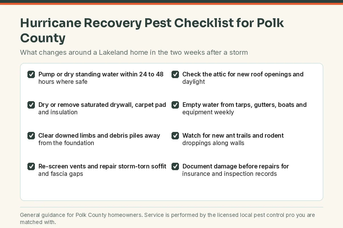 Post-hurricane pest recovery checklist graphic for Polk County FL homeowners in Lakeland