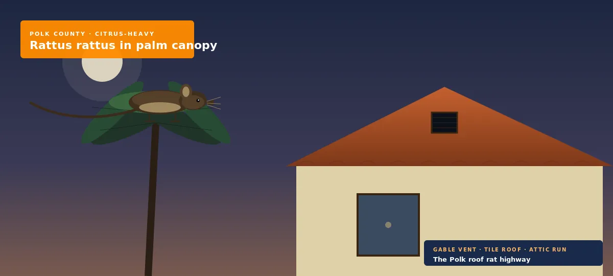Roof rat in palm canopy near a tile roof — the canopy-to-roofline route behind Fort Lauderdale FL attic infestations