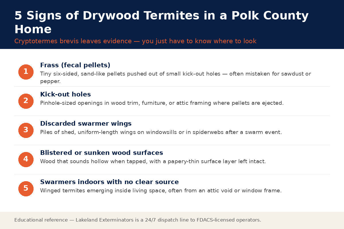 Diagram of five drywood termite warning signs in a Polk County Florida home: frass pellets, kick-out holes, discarded swarmer wings, blistered wood surfaces, and indoor swarmers