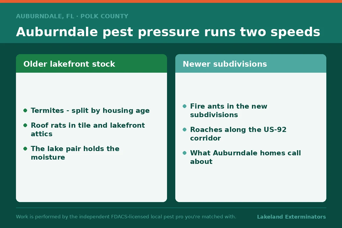 Two-column graphic showing how Auburndale, Florida pest pressure runs two speeds, contrasting older lakefront housing stock with newer subdivisions.
