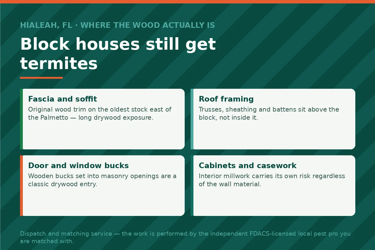 Panel showing the four wooden components of a concrete block house in Hialeah FL that drywood termites still attack — fascia, roof framing, bucks and cabinetry