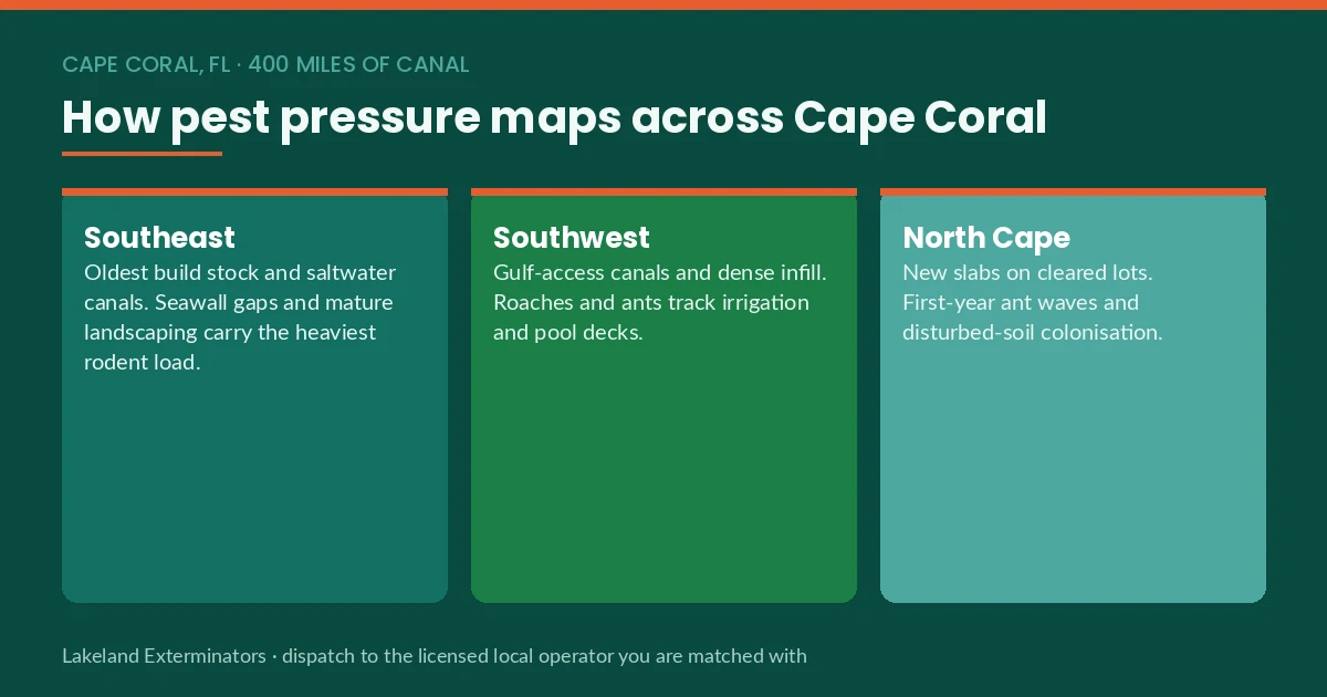 Panel mapping pest pressure across the southeast, southwest and north quadrants of Cape Coral, FL