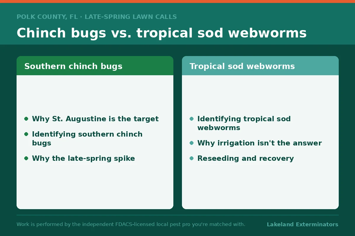 Side-by-side comparison graphic of southern chinch bugs and tropical sod webworms on Polk County, Florida St. Augustine lawns, with identification and late-spring timing.