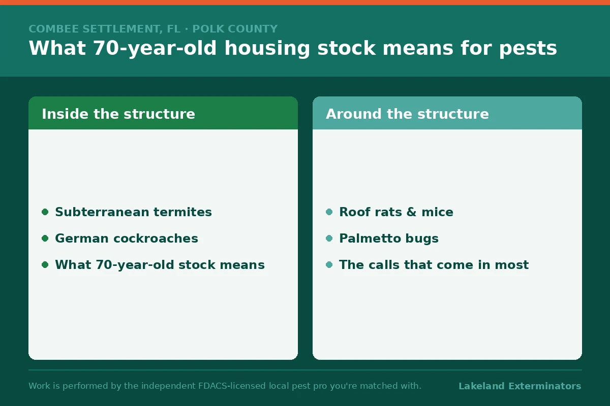 Two-column graphic on what seventy-year-old Combee Settlement, Florida housing stock means for pests, split between inside and around the structure.