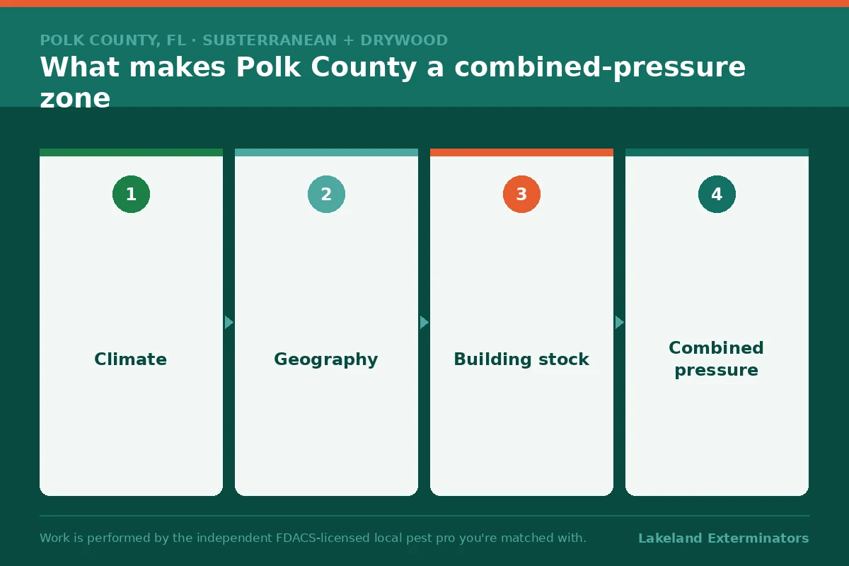 Four-stage graphic explaining what makes Polk County, Florida a combined subterranean and drywood termite pressure zone: climate, geography, building stock and combined pressure.