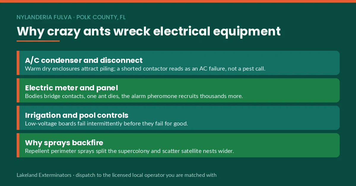 Panel listing the electrical equipment tawny crazy ants damage in Polk County, FL — condenser, meter, panel and irrigation controls
