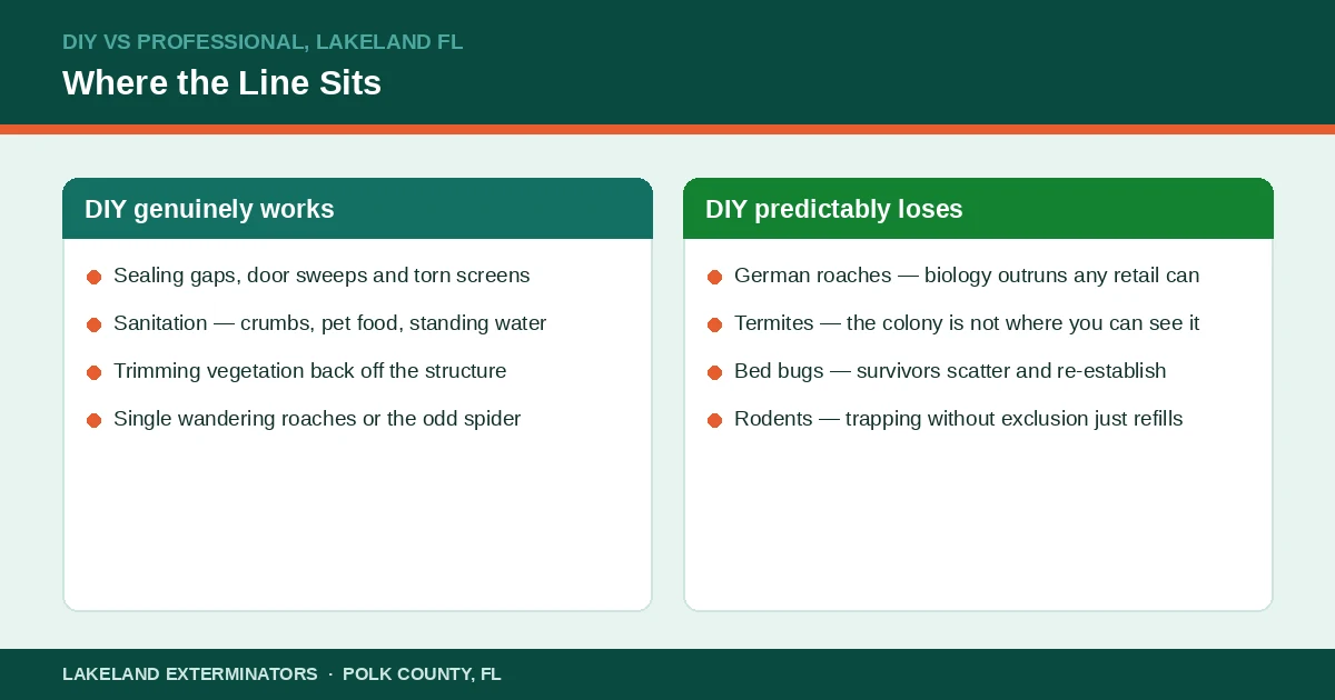 Panel comparing where do-it-yourself pest control works and where it fails in Lakeland, Florida homes