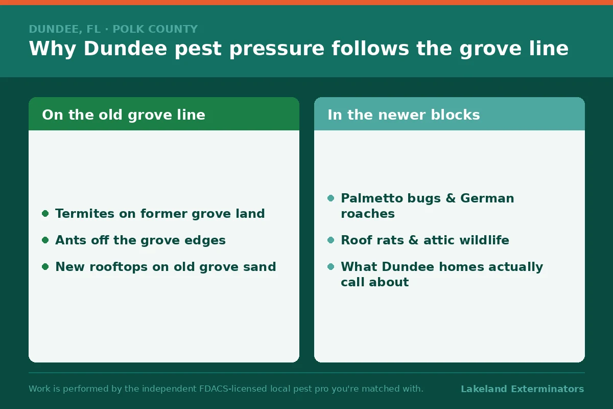 Two-column graphic comparing pest pressure on Dundee, Florida's old grove line against the newer blocks, covering termites, grove-edge ants, roaches and roof rats.