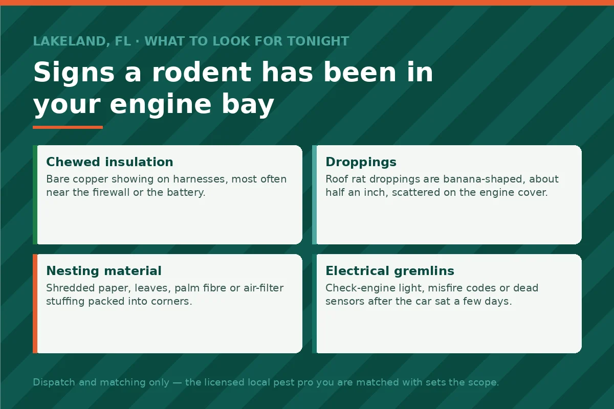 Engine-bay rodent damage checklist panel for Lakeland FL drivers — chewed harness insulation, banana-shaped droppings, nesting material and electrical faults