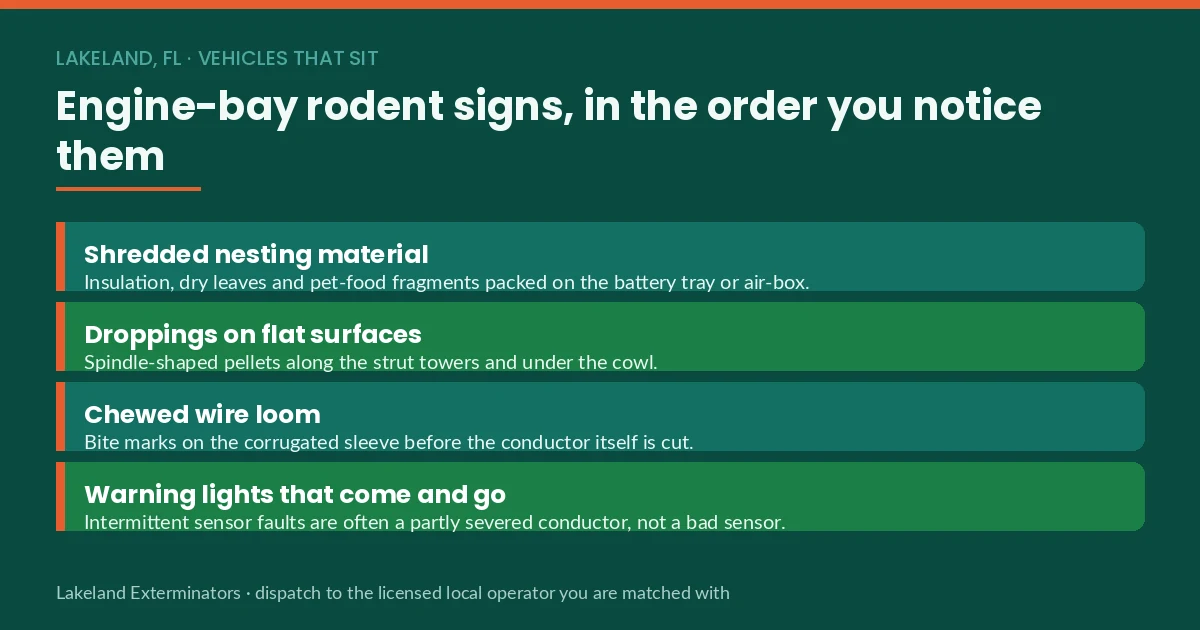 Rodent entry-point and damage checklist panel showing common gaps rats and mice use to enter Central Florida homes, from roofline vents to foundation utility penetrations
