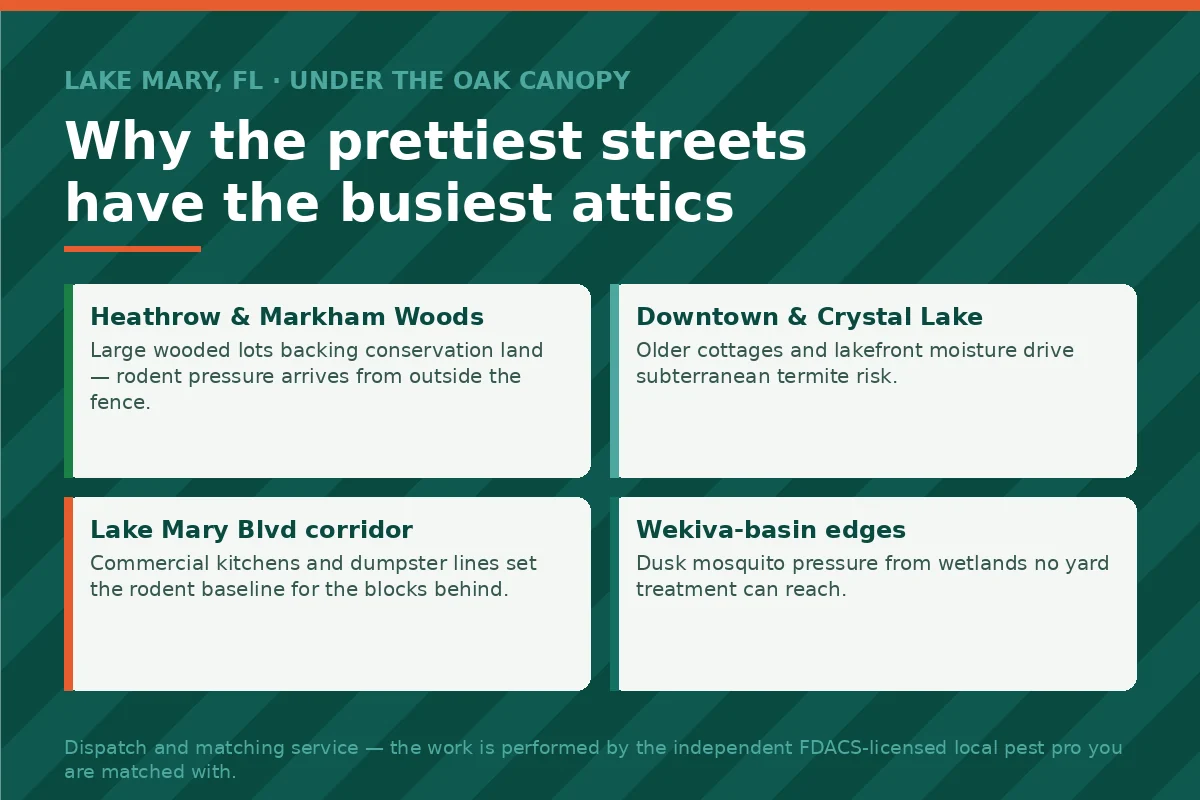 Neighborhood panel for Lake Mary FL explaining how oak canopy, conservation edges and lakefront moisture drive attic rodent and termite pressure
