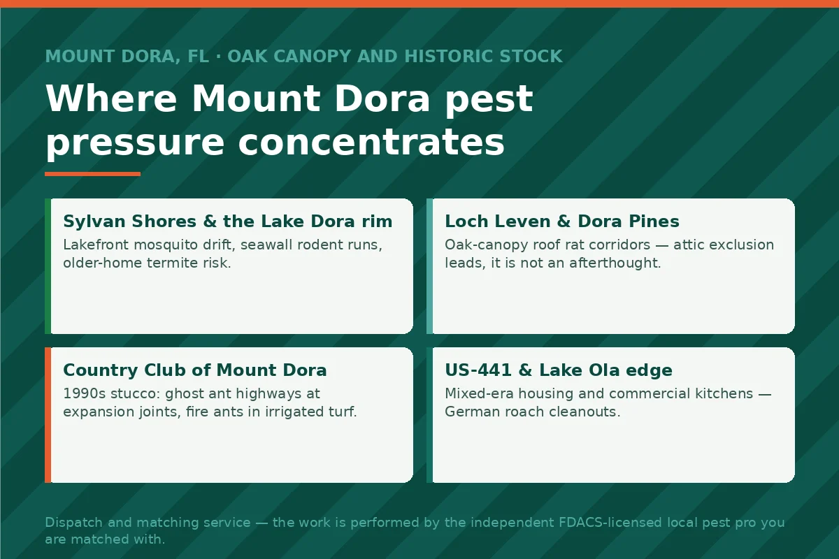 Neighborhood pest-pressure map panel for Mount Dora FL — lakefront rodent runs, oak-canopy roof rat corridors, stucco ant highways and commercial kitchens