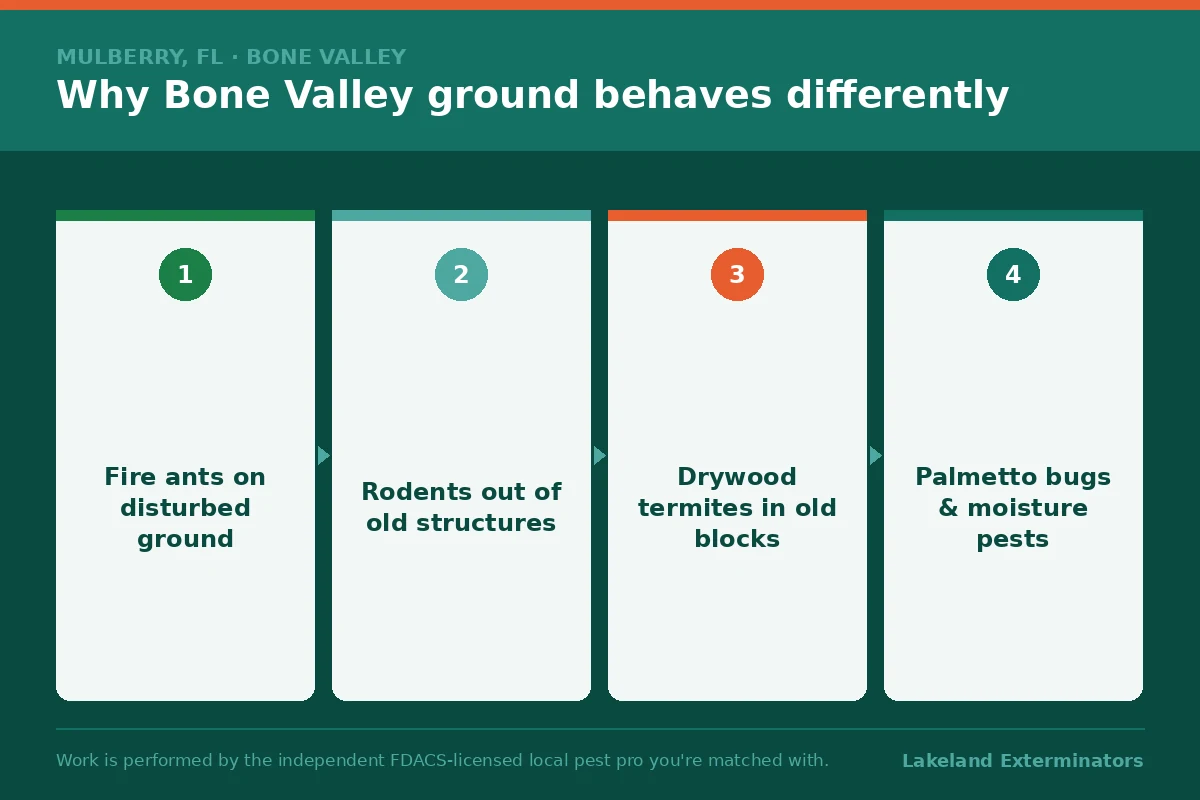Four-stage graphic on why Bone Valley ground in Mulberry, Florida behaves differently, from fire ants on disturbed ground to moisture pests.