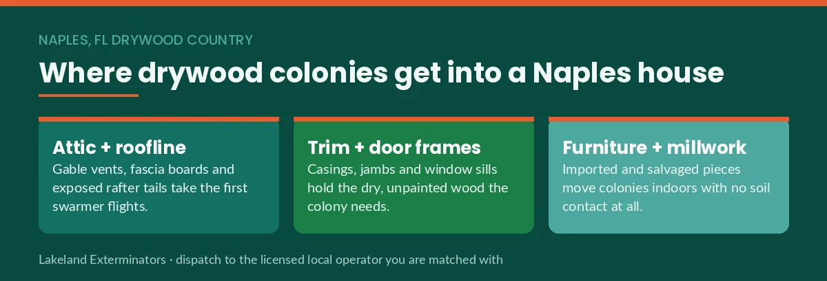 Panel showing the three places drywood termite colonies enter a Naples, FL home: attic and roofline, trim and door frames, and furniture or millwork
