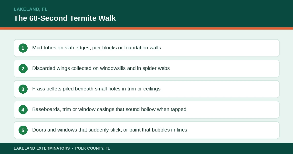 Checklist panel of termite warning signs to look for during a walkthrough of a Lakeland, Florida home