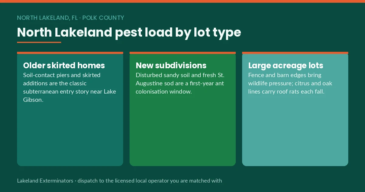 Panel showing North Lakeland, FL pest load by lot type — older skirted homes, new subdivisions and large acreage lots