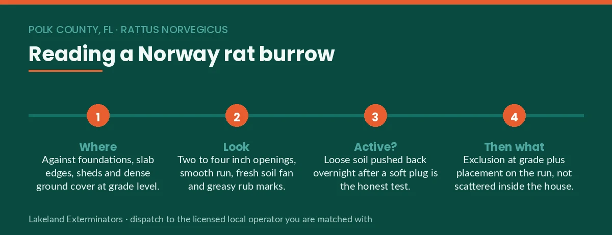 Four-step panel on reading a Norway rat burrow in Polk County, FL: location, appearance, activity test and the exclusion-first response