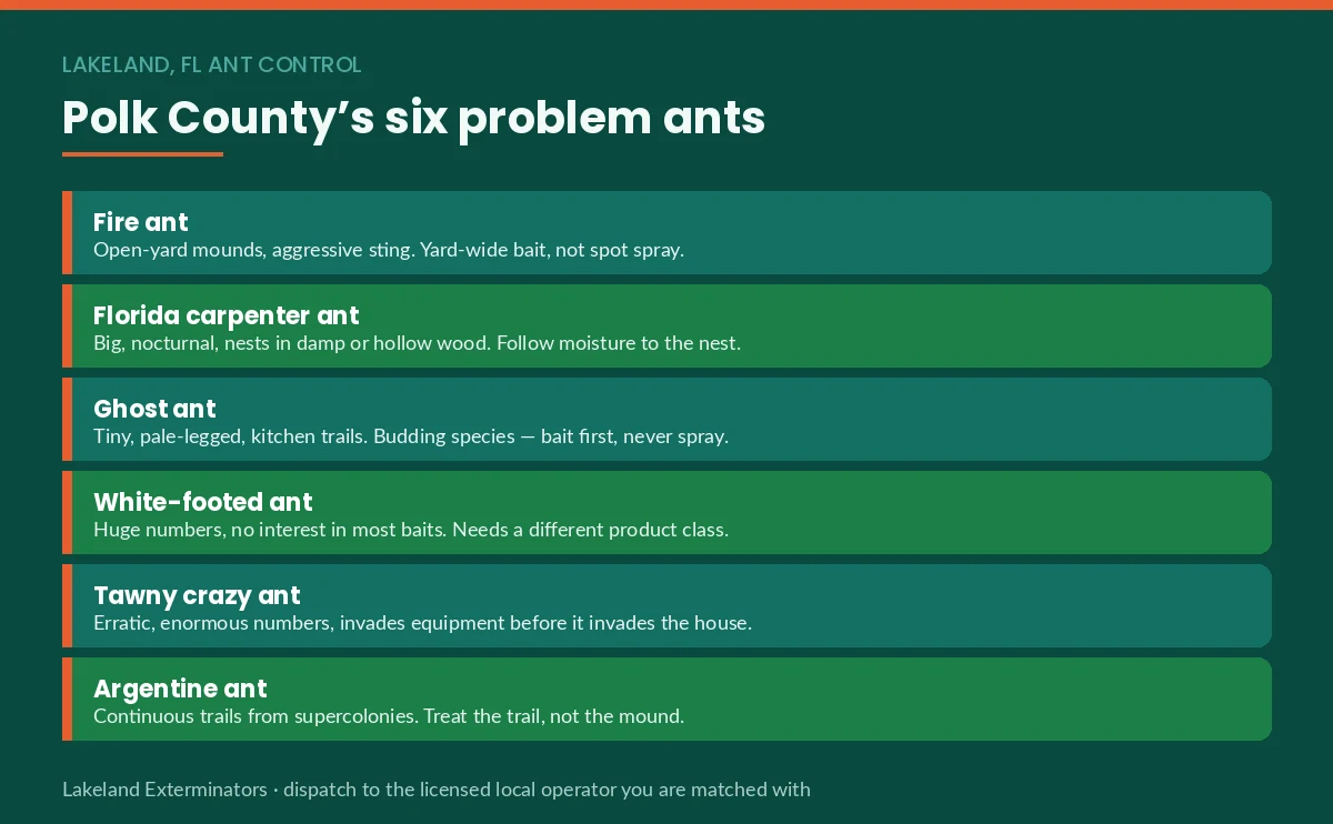 Panel identifying the six problem ant species in Polk County, FL and the control approach each one requires