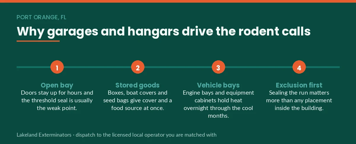 Four-step panel showing why Port Orange, FL garages and aircraft hangars generate rodent calls: open bays, stored goods, vehicle bays and exclusion