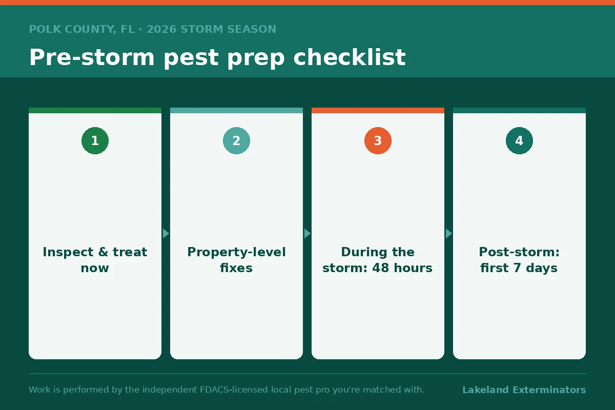 Four-stage pre-storm pest prep checklist graphic for Polk County, Florida homeowners covering inspection, property fixes, the storm window and the first seven days after.