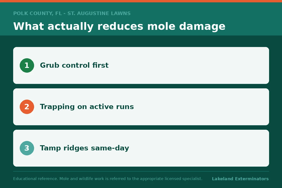 Graphic showing steps to reduce mole cricket and lawn pest damage in heavily irrigated Central Florida turf, relevant to Grasslands Lakeland FL golf community lawns