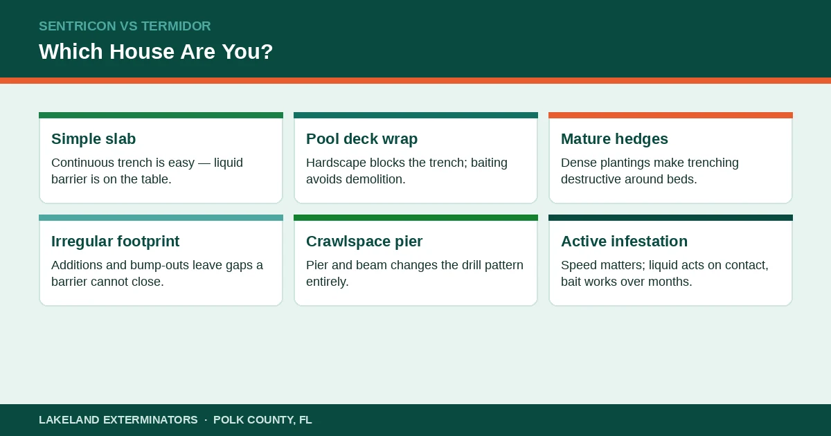 Panel showing which Lakeland, Florida house types fit soil bait stations versus a liquid termiticide barrier