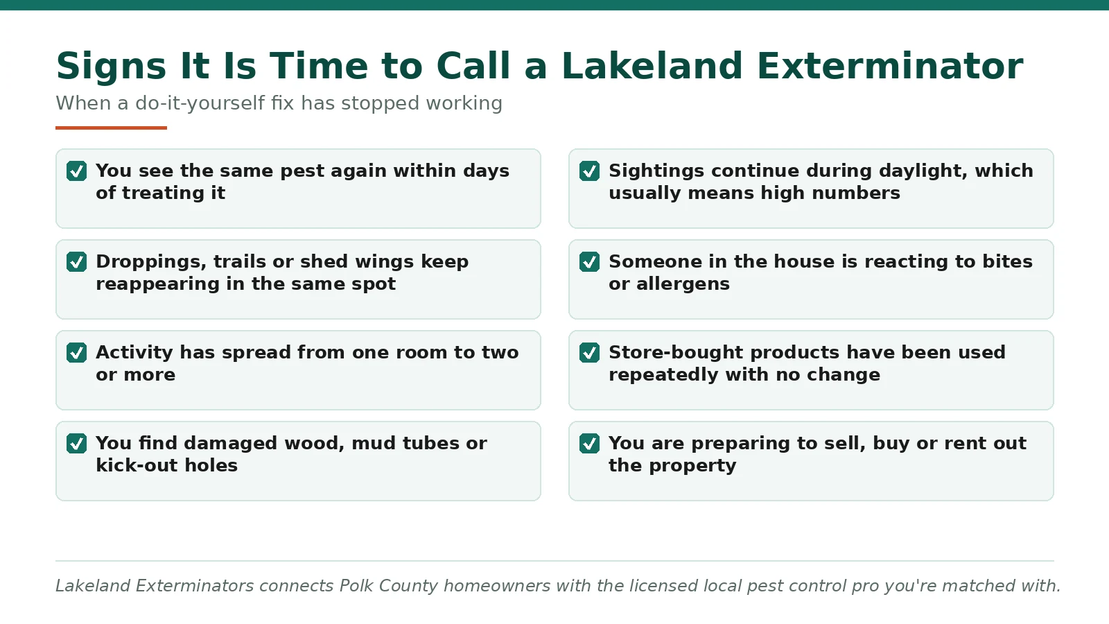 Checklist of signs it is time to call a licensed Lakeland FL exterminator instead of retreating a pest problem