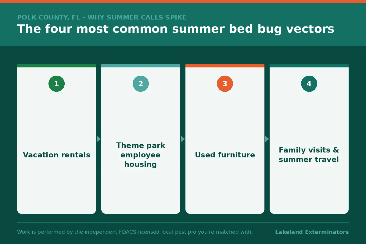Panel showing the most common summer bed bug introduction vectors in Polk County FL, including travel luggage and short-term rental turnover