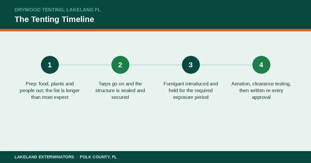 Timeline panel showing the hour-by-hour sequence of a drywood termite tent fumigation in Lakeland, Florida