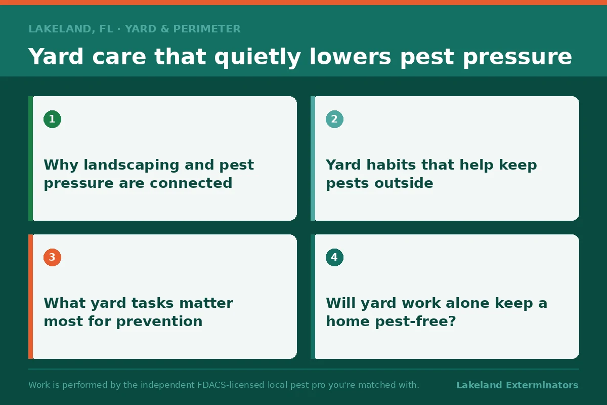 Four-panel graphic on yard care that lowers pest pressure around a Lakeland, Florida home, covering landscaping links, yard habits, priority tasks and limits.
