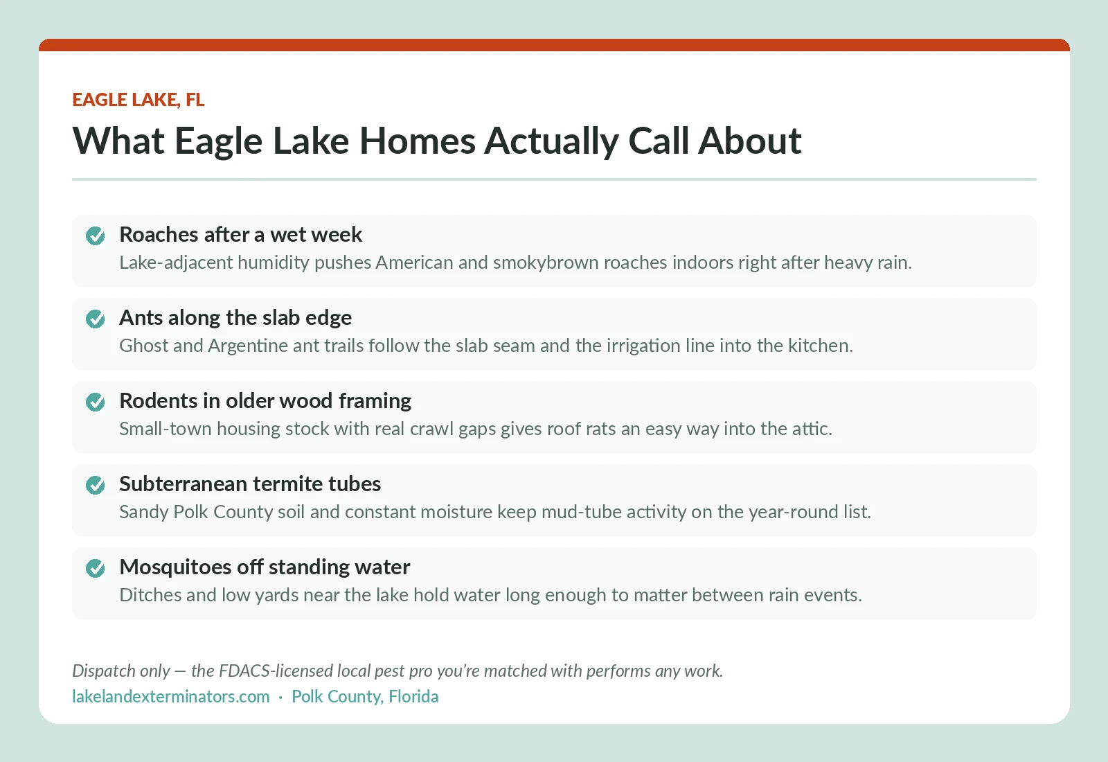 Eagle Lake FL checklist of the most common local pest calls: roaches after rain, slab-edge ant trails, roof rats in older framing, subterranean termite tubes and mosquitoes