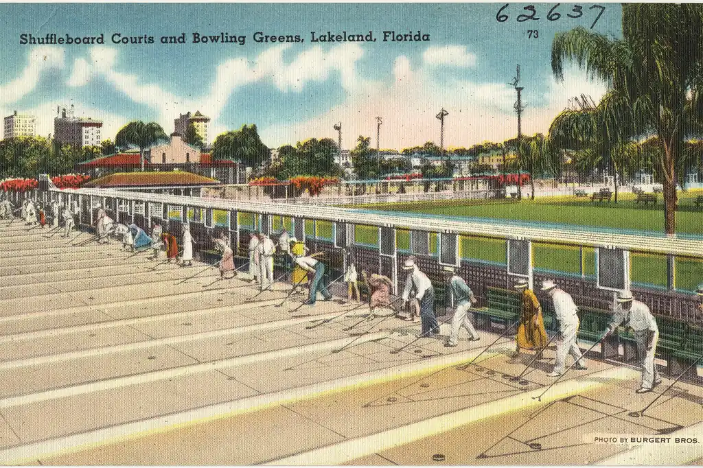Vintage postcard of Lakeland's shuffleboard courts — the established neighborhoods south Lakeland pest control serves