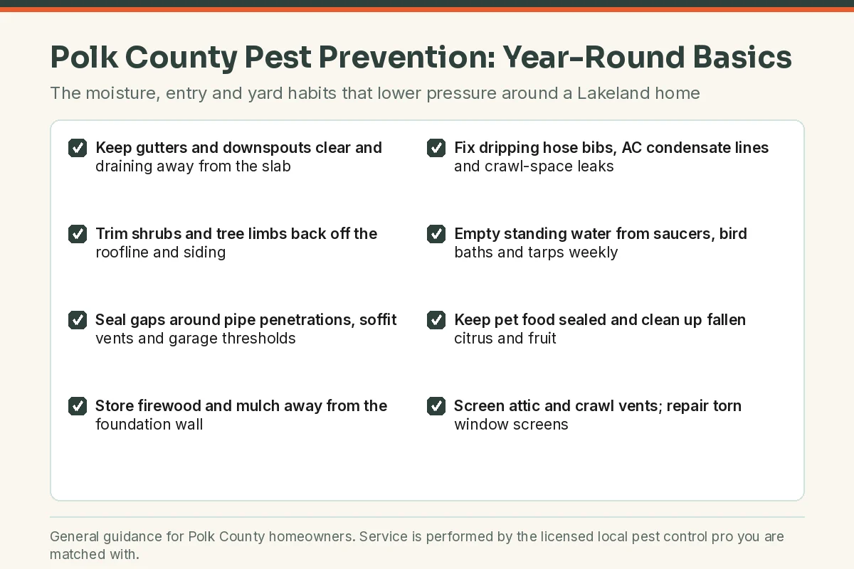 Year-round pest prevention checklist graphic for Polk County FL homeowners in the Lakeland area