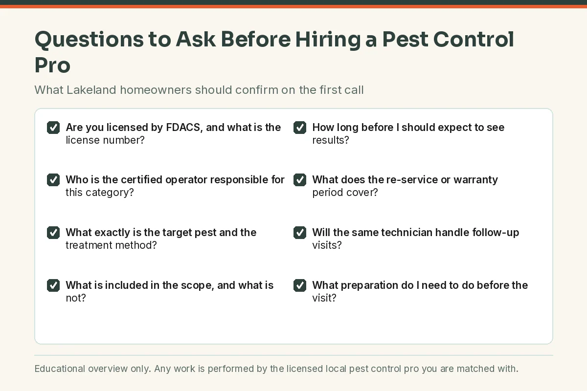 Checklist of the licensing, scope and warranty questions Lakeland FL homeowners should ask a pest control pro