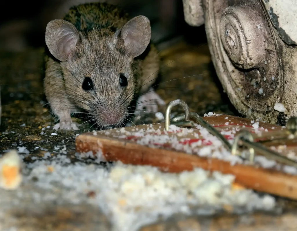 House mouse feeding in a residential garden, a common precursor to indoor rodent problems in Plant City, FL