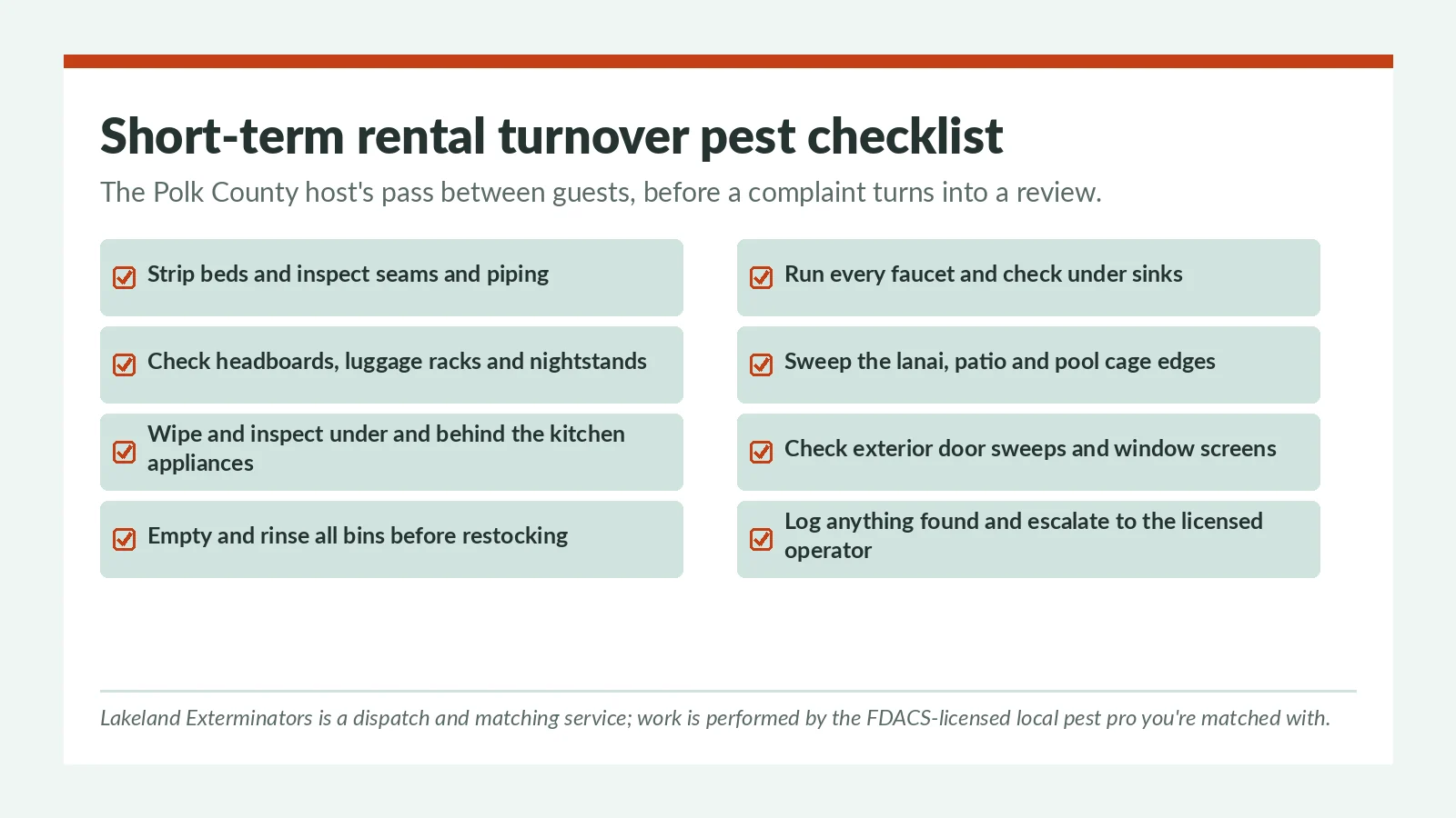 Short-term rental turnover pest checklist for Polk County FL hosts — bedding seams, luggage racks, kitchen appliance gaps and exterior door sweeps, escalated to the licensed local pest pro you're matched with
