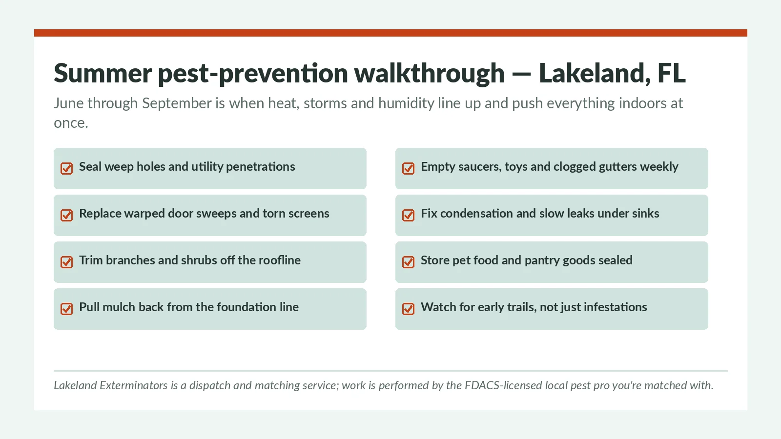 Summer pest-prevention checklist for Lakeland FL homeowners — sealing entry points, managing standing water and cutting attractants before peak season, with escalation to the licensed local pest pro you're matched with