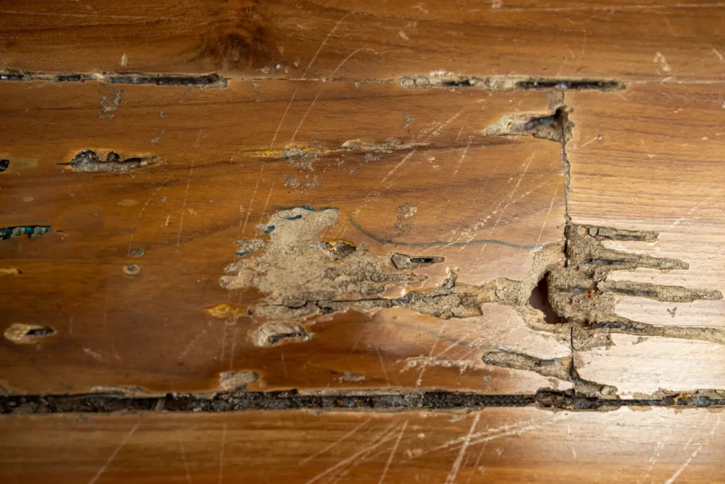 Wood flooring decayed by a drywood termite infestation, the damage pattern termite control in Plant City, FL works to prevent
