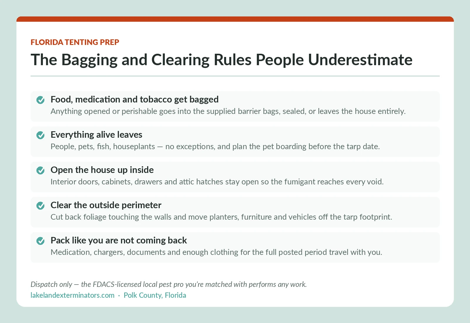 Florida termite tenting preparation checklist covering bagging food and medication, removing pets and plants, opening interior voids and clearing the exterior perimeter