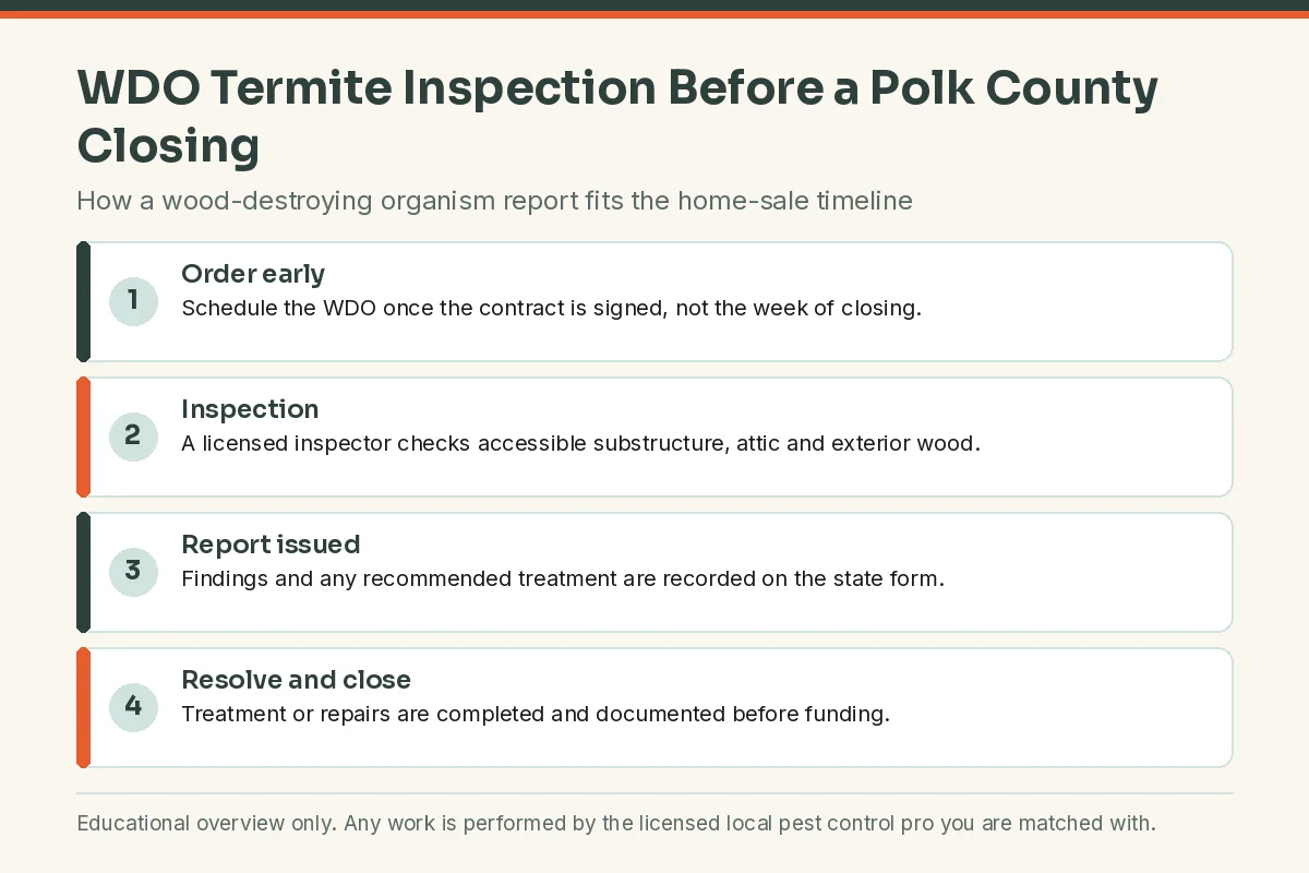 Four-step WDO termite inspection timeline for a Tampa FL home sale, from scheduling through the closing-ready report